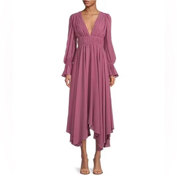 GIANNI BINI Shay Low Cut Pleated Midi Dress Long Sleeve Mauve Purple Sz 2 4 New - Picture 1 of 14